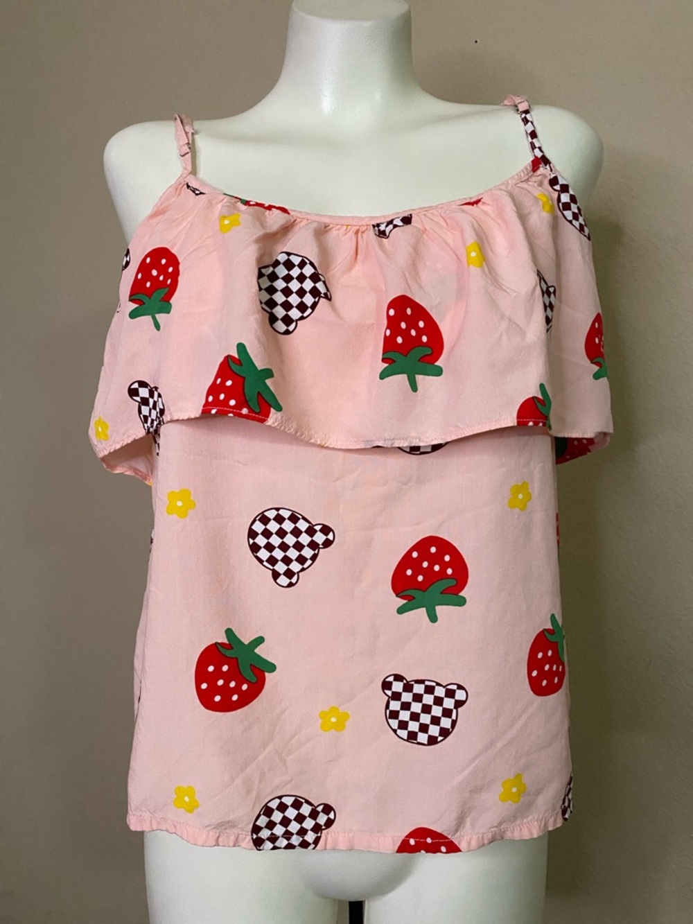 Forever 21 Pink Strawberry checker bear Print Ruffle Cami Tank Xxl